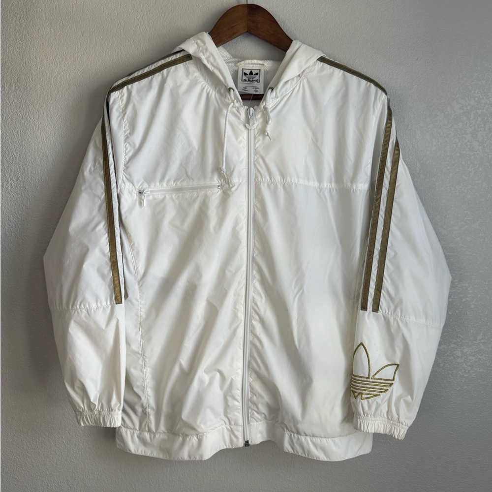 Adidas Y2k Windbreaker Gold Logo Striped White Unisex Small Long Sleeve Jacket